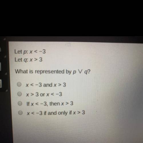Let p:x<-3 let q:x>3 which is represented by p^q