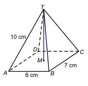 The diagram shows a 7cm x 6cm rectangle-based pyramid all the diagonal sides - TA TB TC and TD are l