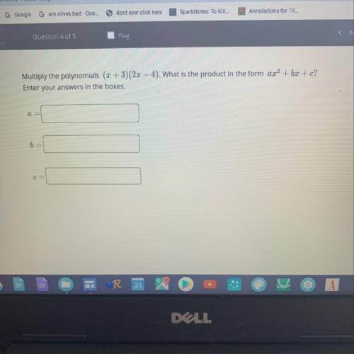 Multiply the polynomials (x+3)(2x - 4). What is the product in the form ax2 + b3 + c? Enter your ans