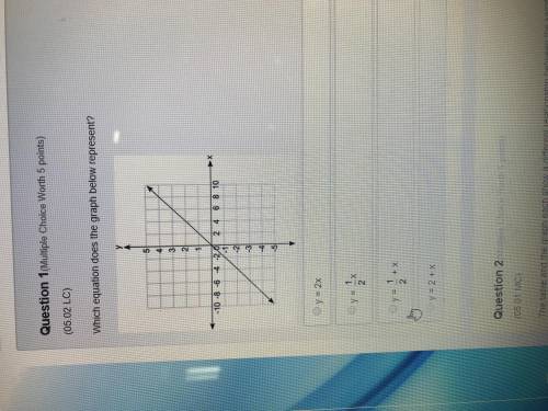 Which equation does the graph below represent? y = 2x y = 1/2x y = 1/2 + x y = 2 + x