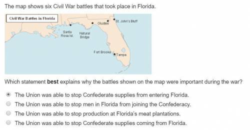URGENT!The map shows six Civil War battles that took place in Florida.Which statement best explains