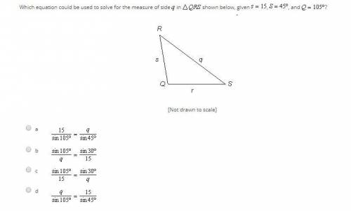 Which equation could be used to solve for measure of side q in (Triangle) QRS shown below, given s=1