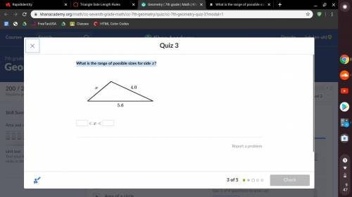 What is the range of possible sizes for side x? it is a triangle with one side having 4.0, and the o