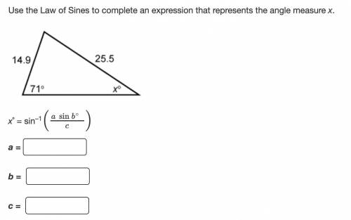 Use the Law of Sines to complete an expression that represents the angle measure x.