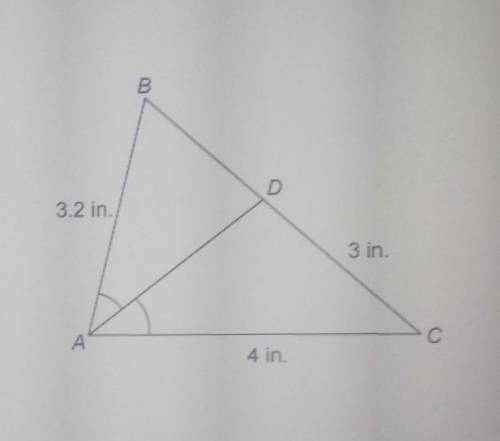 In ABC, AD is the angle bisector of /_BAC. What is BD?Enter your answer as a decimal,? in.