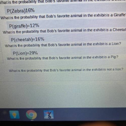 What’s is the probability that bob’s favorite animal in the exhibit is a pig