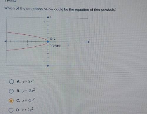 Which of the equations below could be the equation of this parabola?a. y=2x^2b.y=-2x^2c.x=-2x^2d.x=2