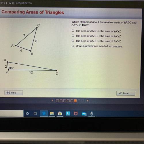 Which statement is true about the relative areas of triangle ABC and triangle XYZ is true