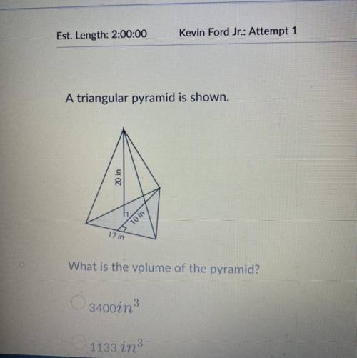 What is the volume of the pyramid? O 3400in3 O 1133 in O 1700 in O 567 in? WILL GIVE BRAINLIST