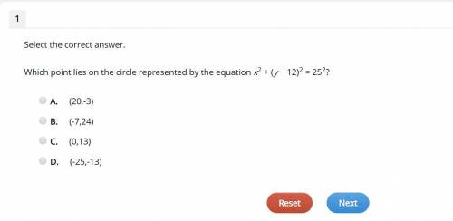 Please Answer ASAP ! Which point lies on the circle represented by the equation x2 + (y − 12)2 = 252