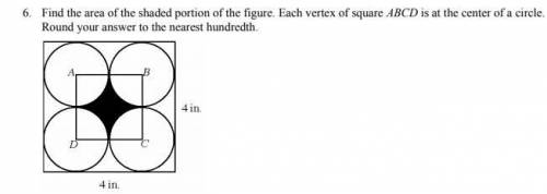 Find the area of the shaded portion of the figure. Each vertex of square ABCD is at the center of a