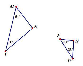 Which best describes the relationship between the two triangles below? Triangle M L N is similar to