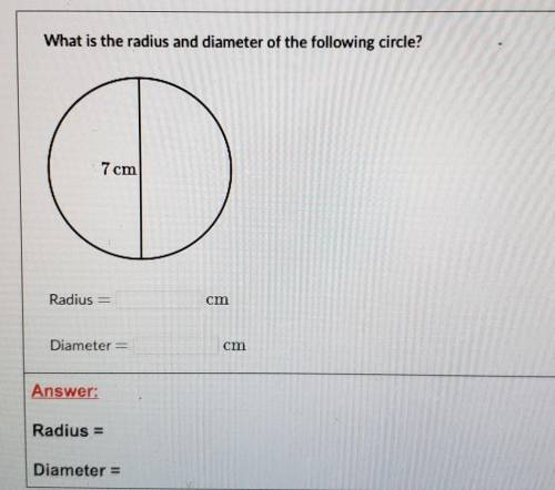 What is the radius and diameter of the following circle?7 cmDiameter =-Radius =Diameter =