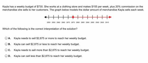 Kayla has a weekly budget of $730. She works at a clothing store and makes $155 per week, plus 20% c