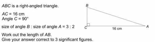 ABC is a right-angled triangle. AC= 16cm Angle c= 90• (degrees) Size of angle b: size of angle A = 3