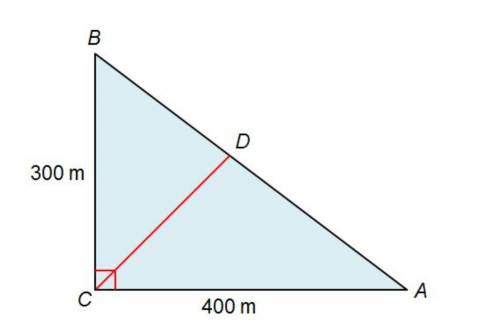 The diagram represents a residential subdivision in the shape of a right triangle. A road from point