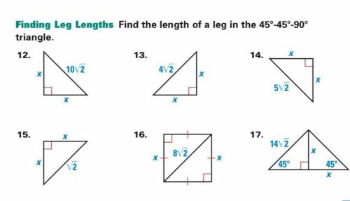 Finding Leg Lengths. Find the length of a leg in the 45°-45°-90° triangle.