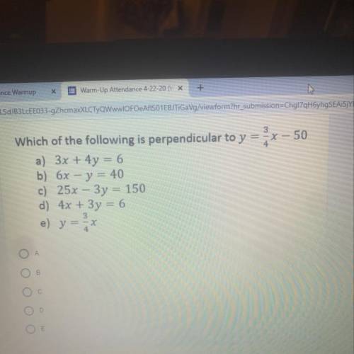 Which of the following is perpendicular to the equation given ?