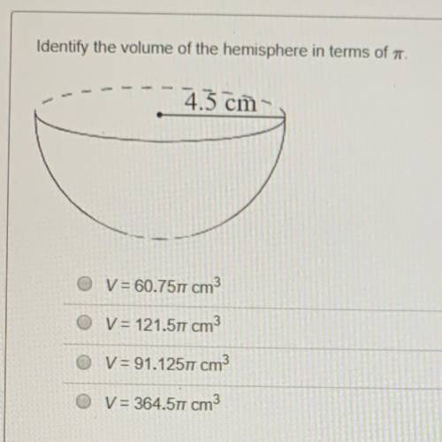 Identify the volume of the hemisphere in terms of pi.
