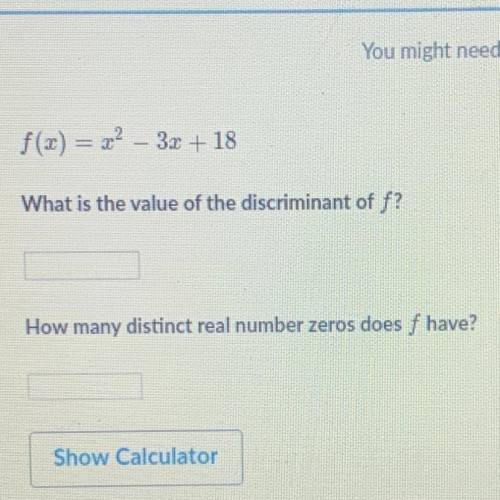 F(x) = x^2 - 3x + 18 What is the value of the discrimination f? How many distinct real number zeros