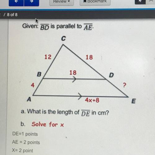 What is the length of DE in cm?  Solve for x