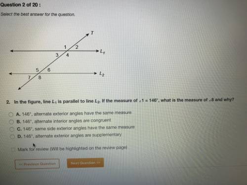 In the figure, line L1 is parallel to line L2. If the measure of angle 1 = 146 degrees , what is the