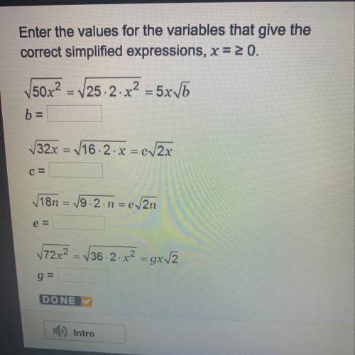 Enter the values for the variables that give the correct simplified expressions