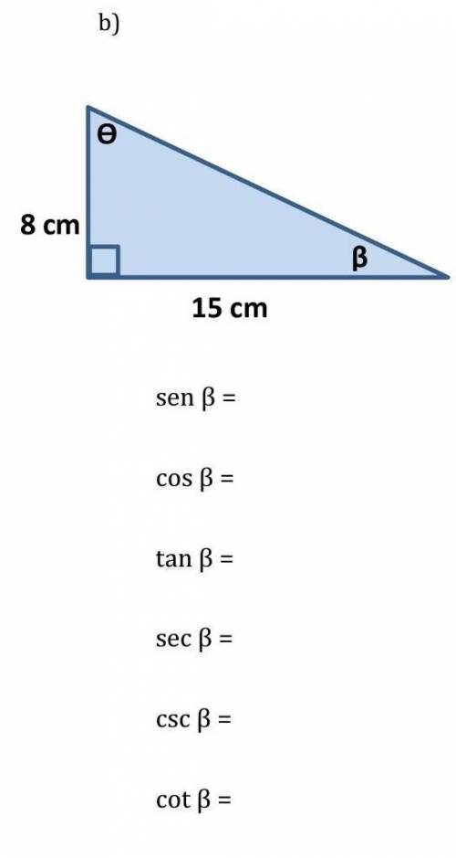Find the 6 trigonometric ratios of angle β and angle ϴ of each right triangle shown. Write each trig
