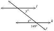 In the figure, if l and k are parallel lines, what is the value of x+y in degrees? (The figure may n