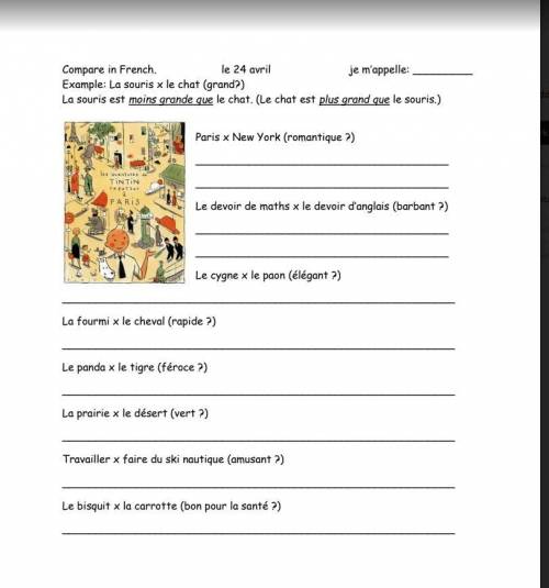 French Comparison Worksheet Can someone please help me answer these and explain what to do I'm reall