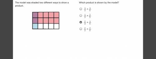 The model was shaded two different ways to show a product.A fraction bar divided into 15 parts. 3 pa