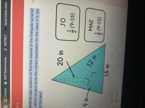 Mr.mcbride asks students to find the volume of the triangular pyramid below. which student wrote the