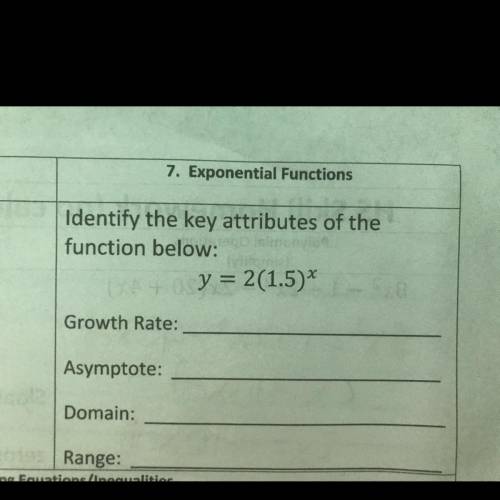 Identify the key attributes of the function below: y = 2(1.5)^x  Growth Rate: Asymptote: Domain: Ran