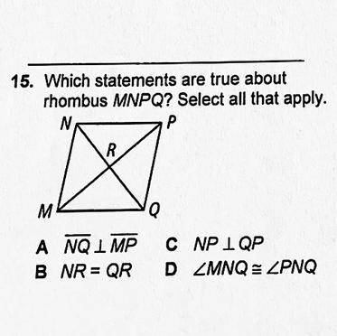 Which statements are true about rhombus MNPQ? Select all that apply.