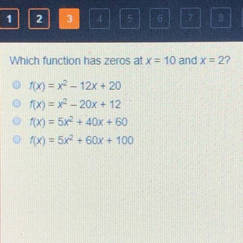 What function has real zeros at x=10 and x=2?