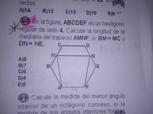 En la figura ABCDEF es un hexágono regular de lado 4.Calcular la longitud de la mediana del trapecio