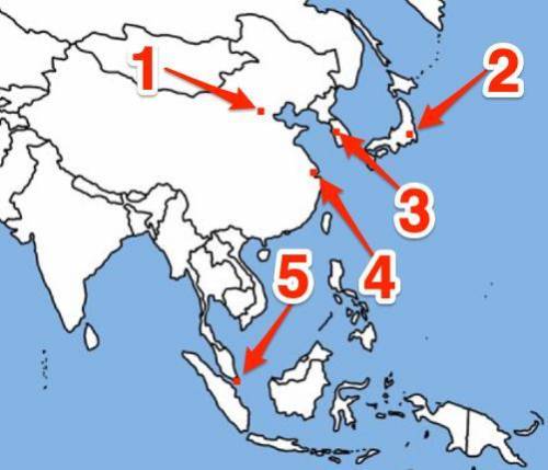 Which of these is represented by the number 2 on the map? A) Singapore  B) Tokyo, Japan  C) Beijing,