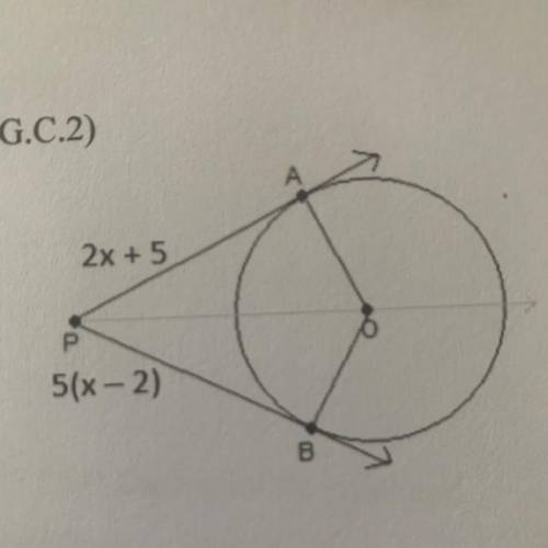 If two tangents of circle O meet at the external point P, find X.  SHOW WORK