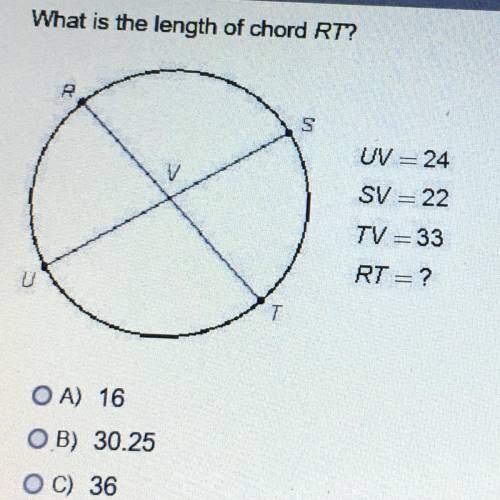 What is the length of chord RT? UV = 24 SV = 22 TV =33 RT = ? A) 16 B) 30.25 C) 36 D) 49