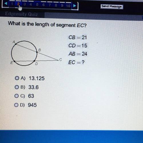What is the length of segment EC? CB = 21 CD=15 AB = 24 EC = ? A) 13.125 B) 33.6 C) 63 D 945