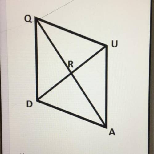 QUAD is a rhombus. If QR=21 , RD=20, what is the length of QD?