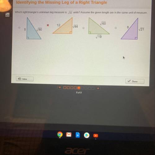 Which right triangles unknown leg measures is 43 rate of change units assume the given length are in