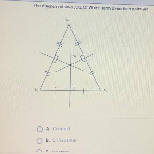 The answers are either 1. centroid 2. orthocenter 3. incenter 4. circumcenter  help please !!