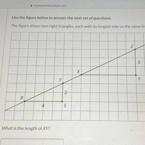 The figure shows two right triangles, each with its longest side on the same line. What is the lengt