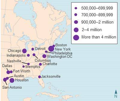 Which of the US cities shown on the map has the largest population?A. Philadelphia, PAB. Chicago, IL