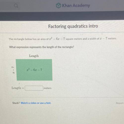 The rectangle below has an area of x^2-6x-7 sq meters and a width of x-7 meters.  What expression re