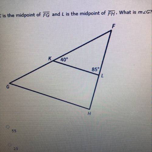 K is the midpoint of FG and L is the midpoint of FH what is m G?