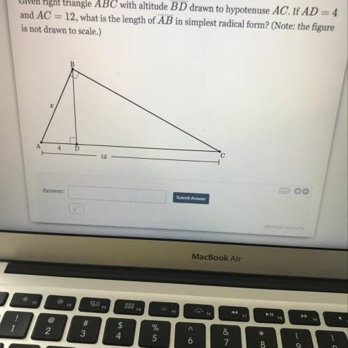 Given right triangle ABC with altitude BD drawn to hypotenuse AC. If AD = 5 ind AC = 13, what is the