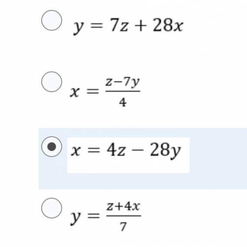 Which of the following is equavilant to 4x+7y=z