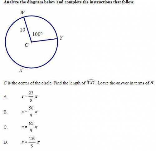 C is the center of the circle. Find the length of . Leave the answer in terms of pi